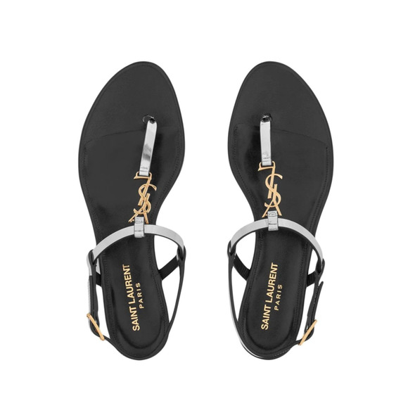 Saint Laurent YSL Logo Cassandra Iota 05 Silver Black Thong Slide Flat Sandal 38 - Picture 1 of 12